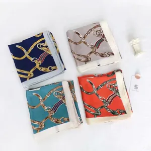 Fashion silk square scarf with classic chain print, elegant neckerchief for women and daily wear.