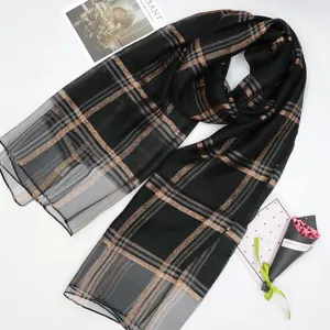 Women long silk scarf black copper plaid metallic lightweight sun protection fashion shawl.