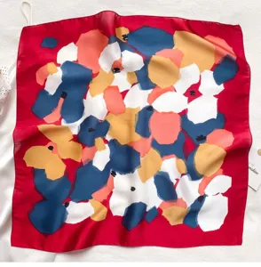 Red abstract floral printed imitation silk square scarf 70x70cm stylish women neckerchief
