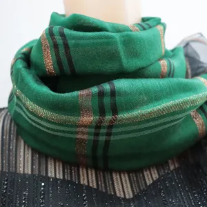 Women's green plaid silk scarf, long thin sun protection shawl for elegant daily wear.
