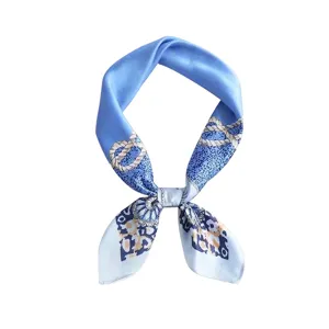 Light blue silk square scarf 70x70cm elegant women neckerchief with chic printed design.