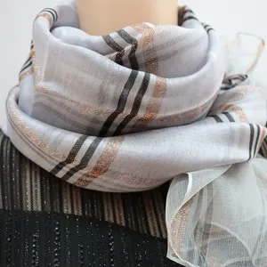 Close-up detail of luxurious silk metallic plaid scarf, showing fine texture and shiny threads.