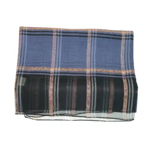 Elegant women's long plaid scarf with shimmering metallic threads for sun protection.