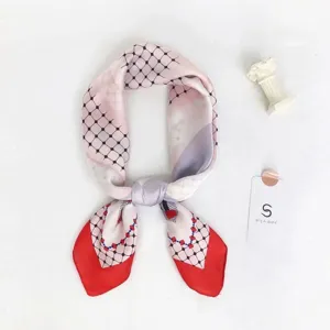 Fashionable pink grid silk scarf main display, elegant neckerchief styled flat lay image.