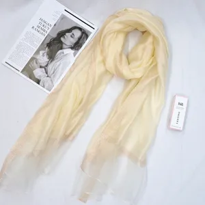 Silk-cotton gold border scarf detail view, elegant thin shawl and fashion beach accessory.