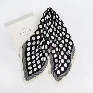 Black and white polka dot silk square scarf, fashion vintage neckerchief for women.