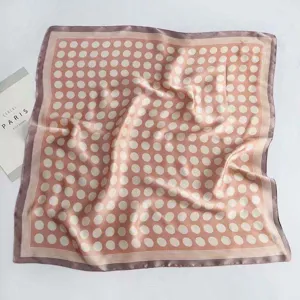 Elegant polka dot satin square scarf for women, chic fashion neckerchief accessory.