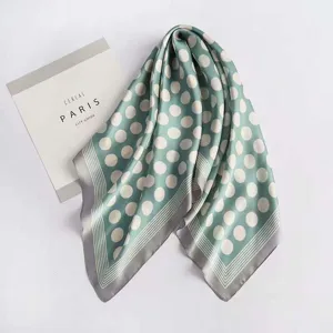 Green polka dot silk satin small square scarf, elegant neckerchief for women fashion.
