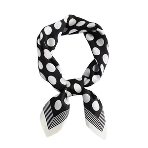 Black and white polka dot satin square scarf, elegant tied style neckerchief for women.