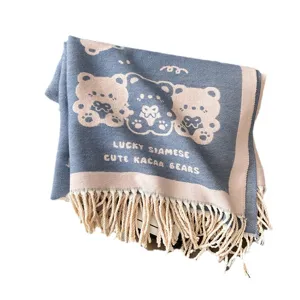 Autumn winter thick warm imitation cashmere scarf cute three bears fringe big shawl