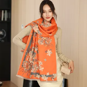 Women's Autumn Winter Cashmere Feel Scarf Retro Floral Print Long Warm Shawl Wrap