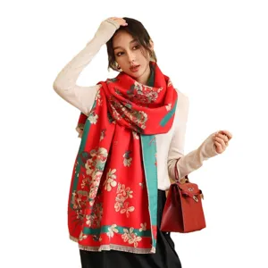 Autumn winter women floral cashmere scarf retro warm shawl versatile stylish fashion wrap 1pc