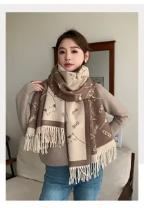 Winter thick double-sided knit scarf with cute cat pattern, warm and stylish shawl for women.