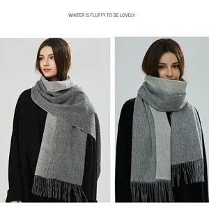 Zweifarbiger Wollschal mit Fransen für Damen, dicker warmer Wende-Halswärmer Winter.