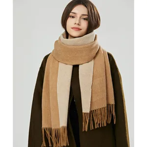 Reine Wolle Schal Für Damen Winter Doppelseitig Color Block Quaste Warm Langer Halswärmer Mode Casual Verdickter Schal