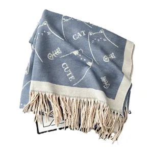 Winter warm blue knitted scarf with cute cat patterns and fringe details for women.