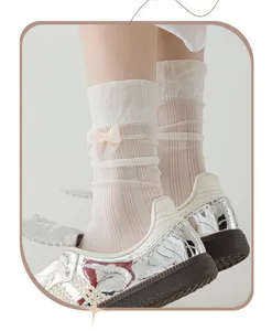 Hauchdünne transparente Netz-Mittelsocken mit süßer Schleife, atmungsaktive Lolita-Socken.
