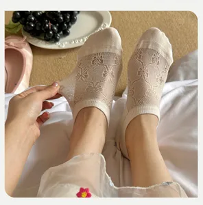 Nahaufnahme von atmungsaktiven Damen-Netz-Socken mit zarten Schleifenmustern.