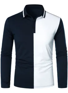 Men's long sleeve color block polo shirt, casual lapel striped top, comfortable fit.
