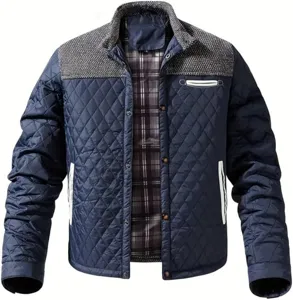 Men's casual color-blocked quilted jacket with snap buttons and plaid lining for autumn.