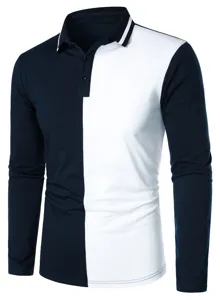 Men's color block long sleeve polo shirt detail showing contrast lapel and button placket