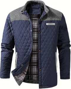 Men's casual quilted jacket with color block shoulders and plaid lining for daily wear.