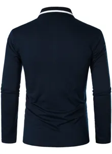 Men's long sleeve polo shirt casual autumn top with contrast stripe lapel collar back view