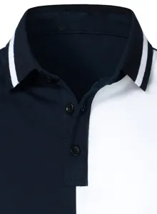 Detail view of men's color-block polo shirt collar, striped lapel and button placket.