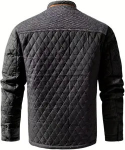 Detailed back view of men stylish quilted jacket with contrast color shoulder panel design.