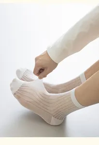 Detailansicht von dünnen atmungsaktiven Herren Sommersocken mit Streifen in Weiß.