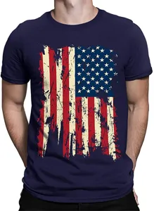 Detail view of the men's dark blue short sleeve t-shirt featuring a vintage American flag.