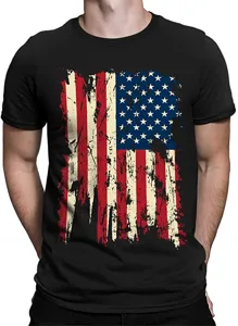 Detailed close-up of men's black short sleeve t-shirt with vintage distressed US flag graphic.