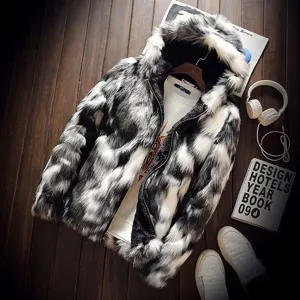 Heren winter zwart wit nepbont capuchon jas warme dikke pluche bovenkleding jas.