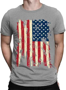 Men's grey short sleeve t-shirt featuring a vintage distressed American flag graphic print.