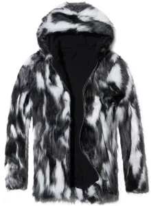 Heren zwart wit nepbont capuchonjas winter warme pluche ritssluiting jas bovenkleding