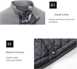 Detailaufnahme einer Herren Steppjacke mit warmem Stehkragen und klassischem Knopfverschluss.