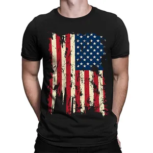 Men's casual short-sleeve T-shirt with vintage American flag print, comfortable slim fit top.