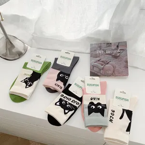Damen Baumwolle Wadenhohe Socken Süß Cute Cartoon Katze Druck Socken Lässig Atmungsaktiv Crew Socken Koreanischer Stil Täglich Strumpfwaren