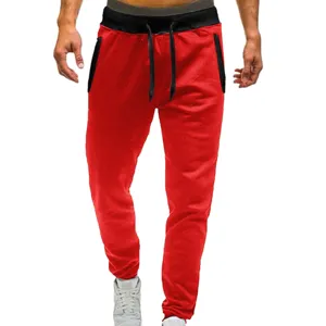 Men red casual sweatpants with black contrast waistband and drawstring for daily wear.