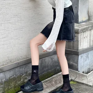 Damen Mesh transparente Wadenstrümpfe mit niedlicher Schleife Stickerei, atmungsaktiv Sommer.