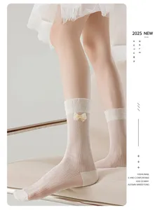 Transparente weiße Wadenstrümpfe mit Schleife, atmungsaktives Mesh, eleganter Lolita Stil.