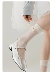 Ultradünne Schleifen-Netzsocken für Damen, atmungsaktive Lolita-Mittelsocken mit süßen Spitzen.