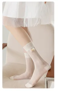 Ultradünne Schleife Damen transparente Mesh atmungsaktive weiße Wadenstrümpfe Lolita Stil