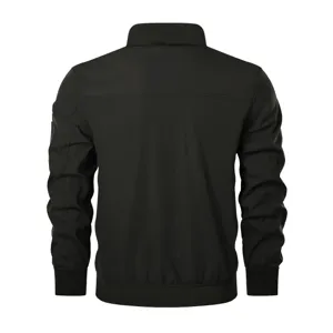 Detailed back view of men's black stand collar zipper casual jacket with clean ribbed hem.