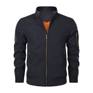 Detailed view of men casual bomber jacket with zipper pocket on sleeve, navy blue.