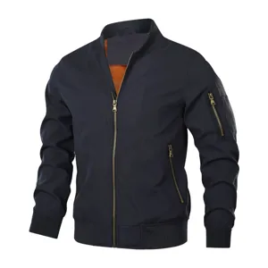 Men's casual bomber jacket with stand collar, front zipper, and sleeve utility pocket.