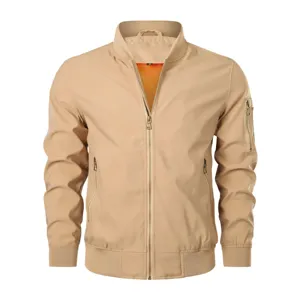 Detailed view of khaki men's casual pilot jacket featuring a stand collar and metal zipper.