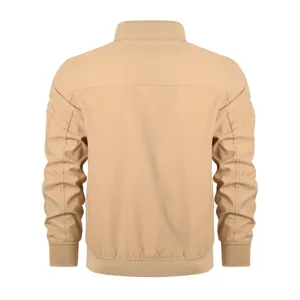 Back detail view of the men khaki bomber jacket, featuring a stand collar and ribbed cuffs.