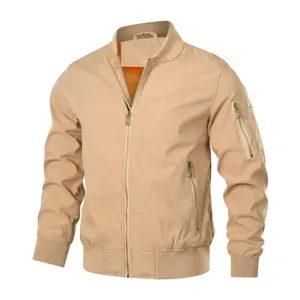Men's Khaki Bomber Jacket Casual Stand Collar Full Zip Spring Outerwear Daily Wear