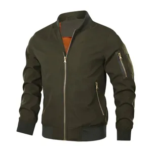 Men's tactical bomber jacket detail, casual stand collar zip outerwear with pocket.